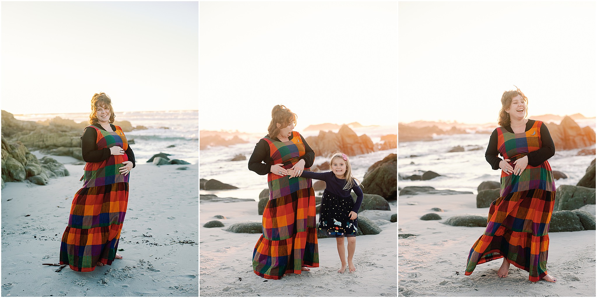 Candid moment with daughter during beach maternity photoshoot.