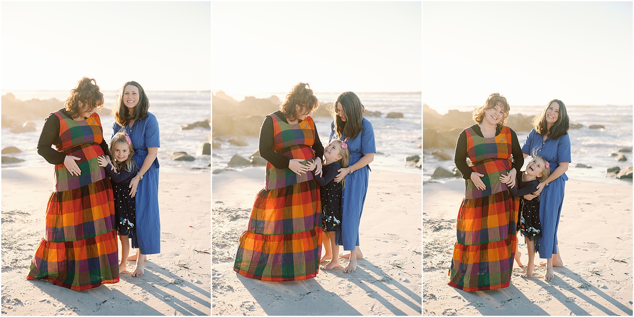 Sunset light over Carmel Beach during family session with mom to be, daughter and surrogate.
