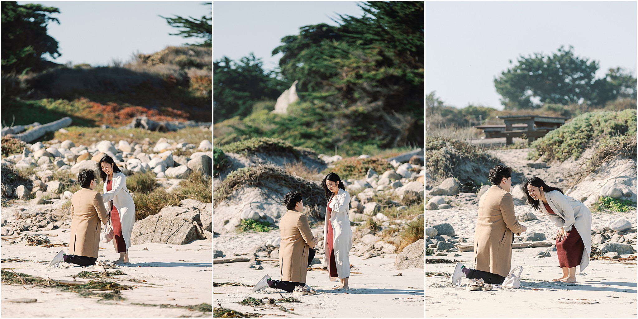 Emotional surprise proposal overlooking the ocean on Highway 1.