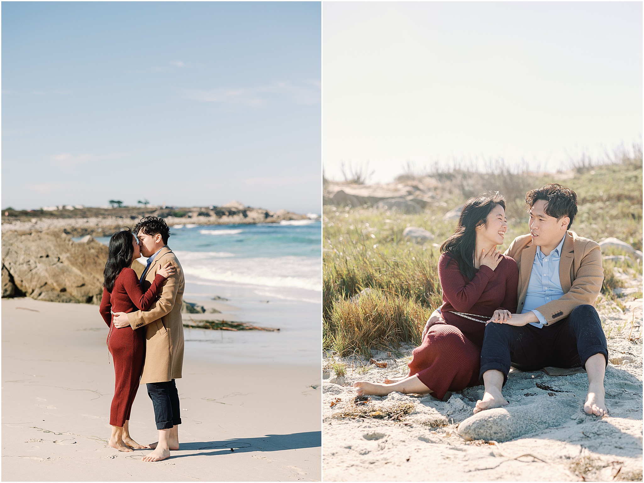 Couple celebrating engagement with a quiet moment and a kiss near Big Sur coastline.