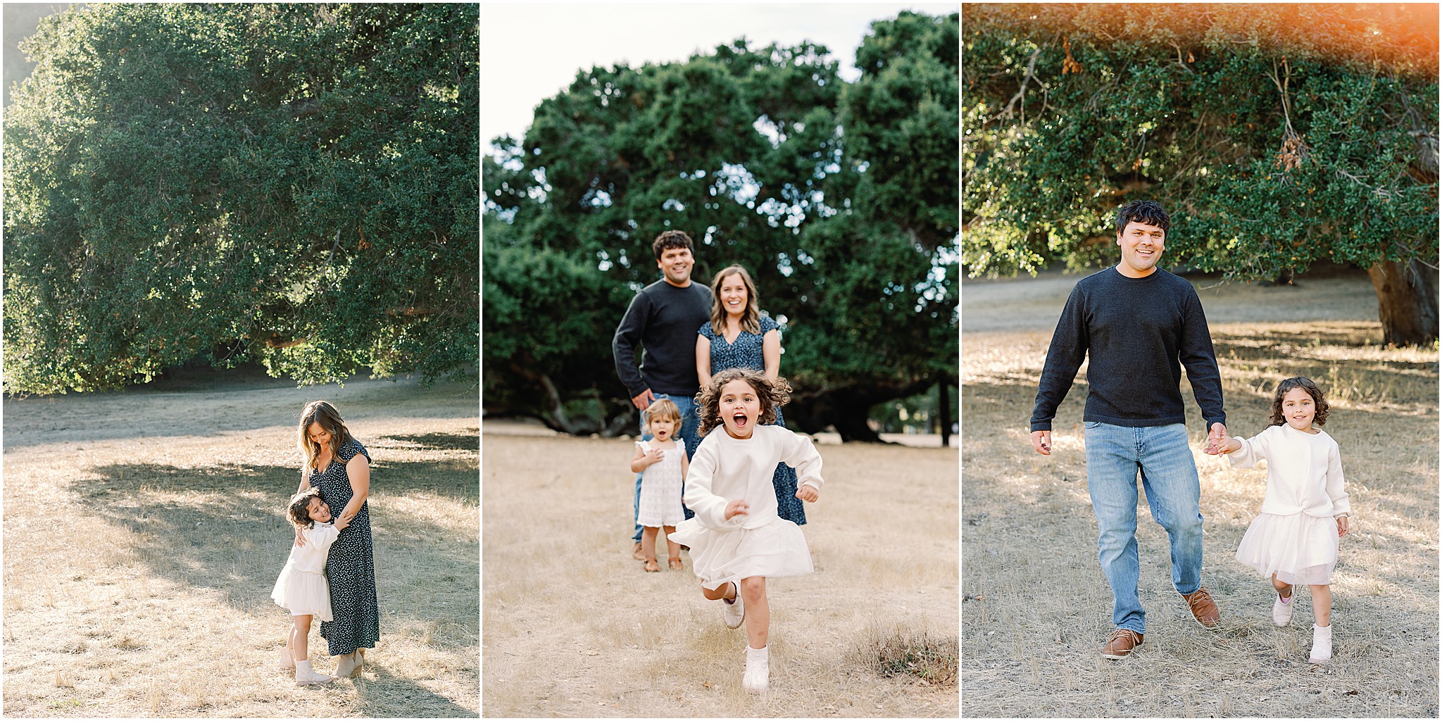 family framed by large oak tree in Monterey County landscape.