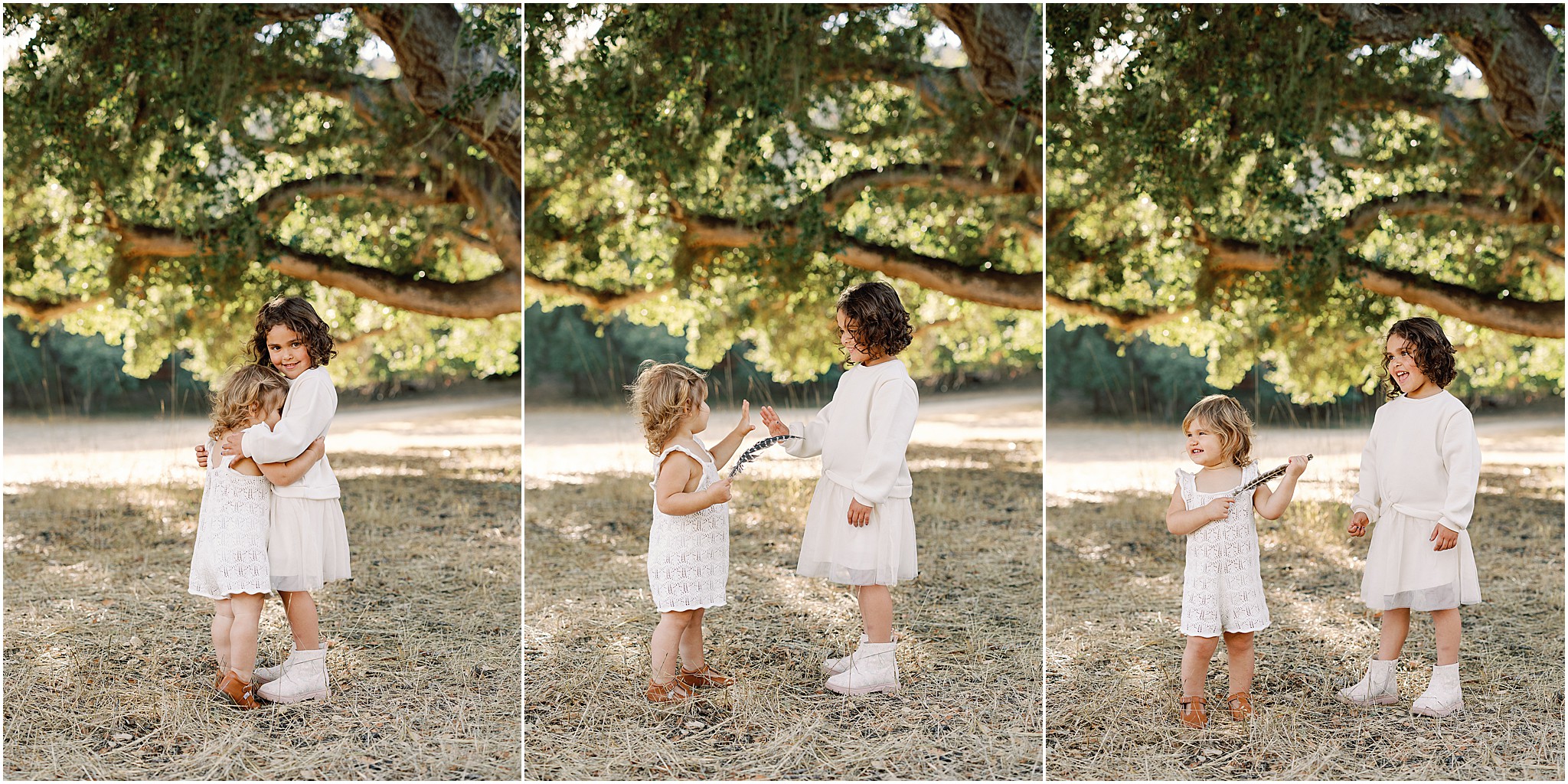 Sisters playing together in tall grass during golden hour session.