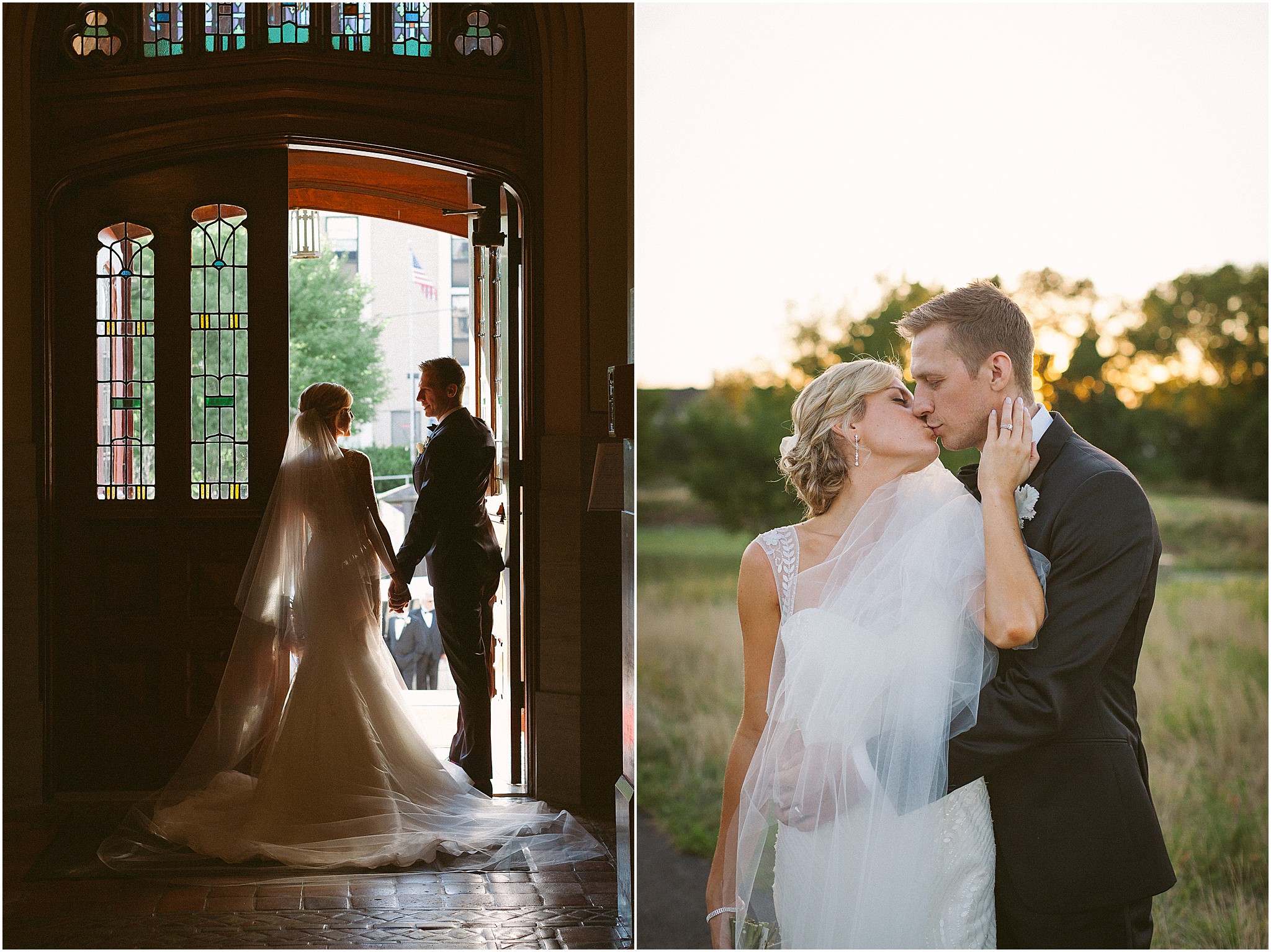 Bride and groom holding hands in church doorway with sunlight during Philadelphia wedding ceremony