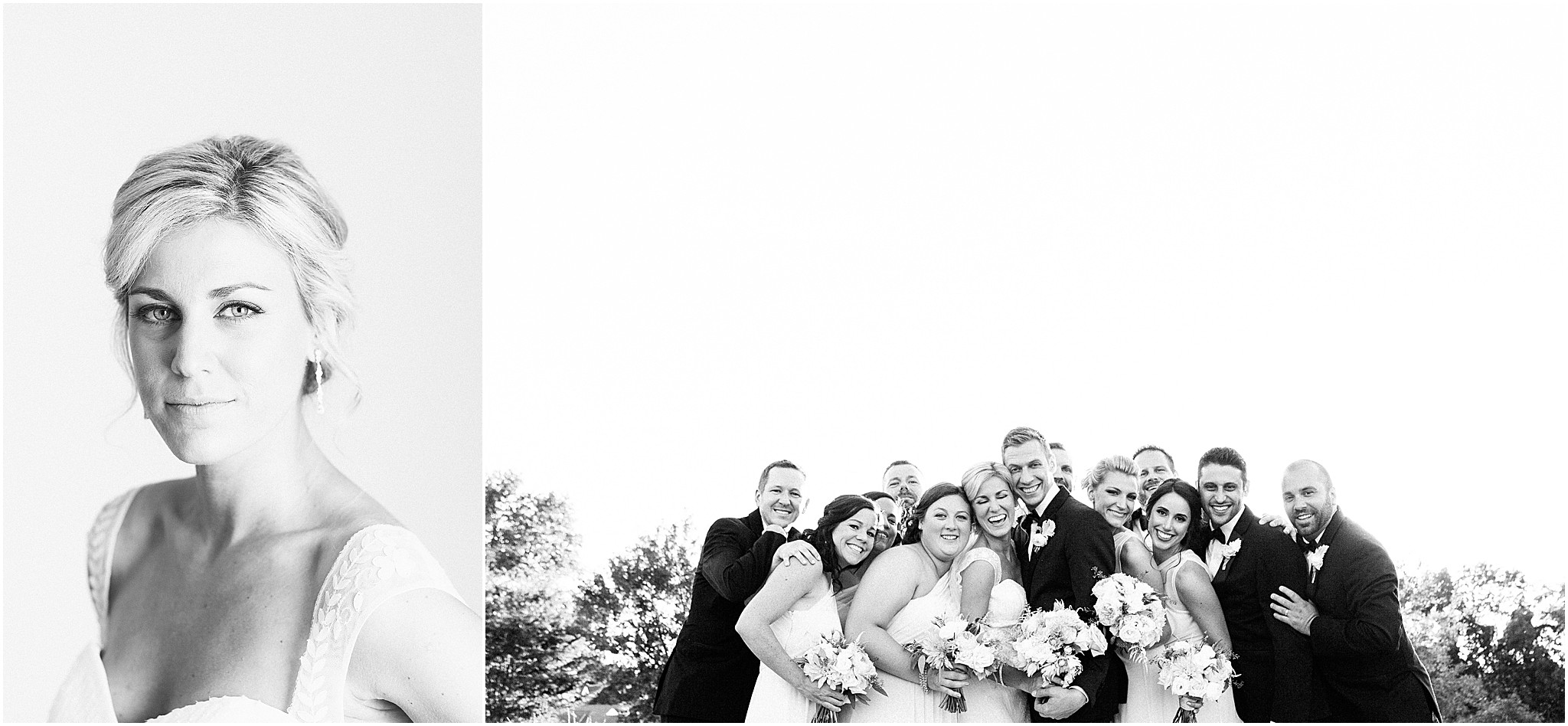 Black and white portrait of bride and groom with wedding party during Philadelphia wedding photography session