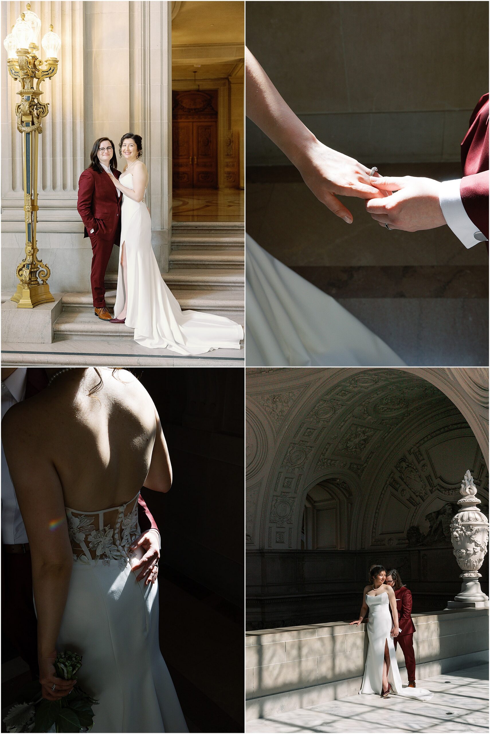 San Francisco City Hall elopement portraits with couple in marble staircase and soft window light