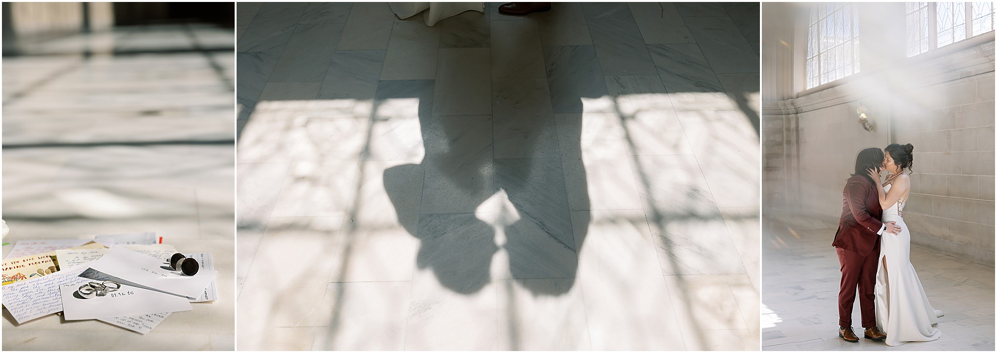 Silhouette of couple’s shadows on the walls of San Francisco City Hall, as well as, wedding details and an intimate moment.