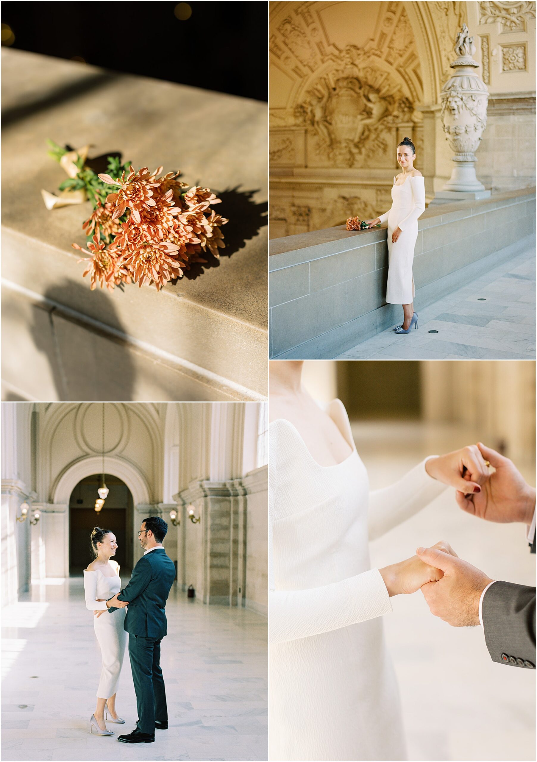 Wedding details including rings, bouquet, and accessories at San Francisco City Hall