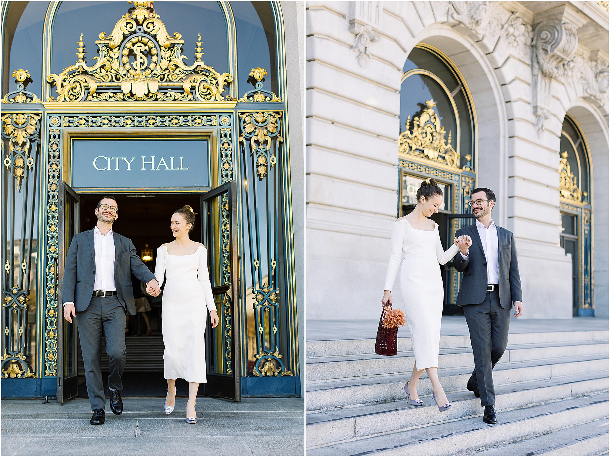 Bride and groom walking outside after City Hall elopement ceremony.
