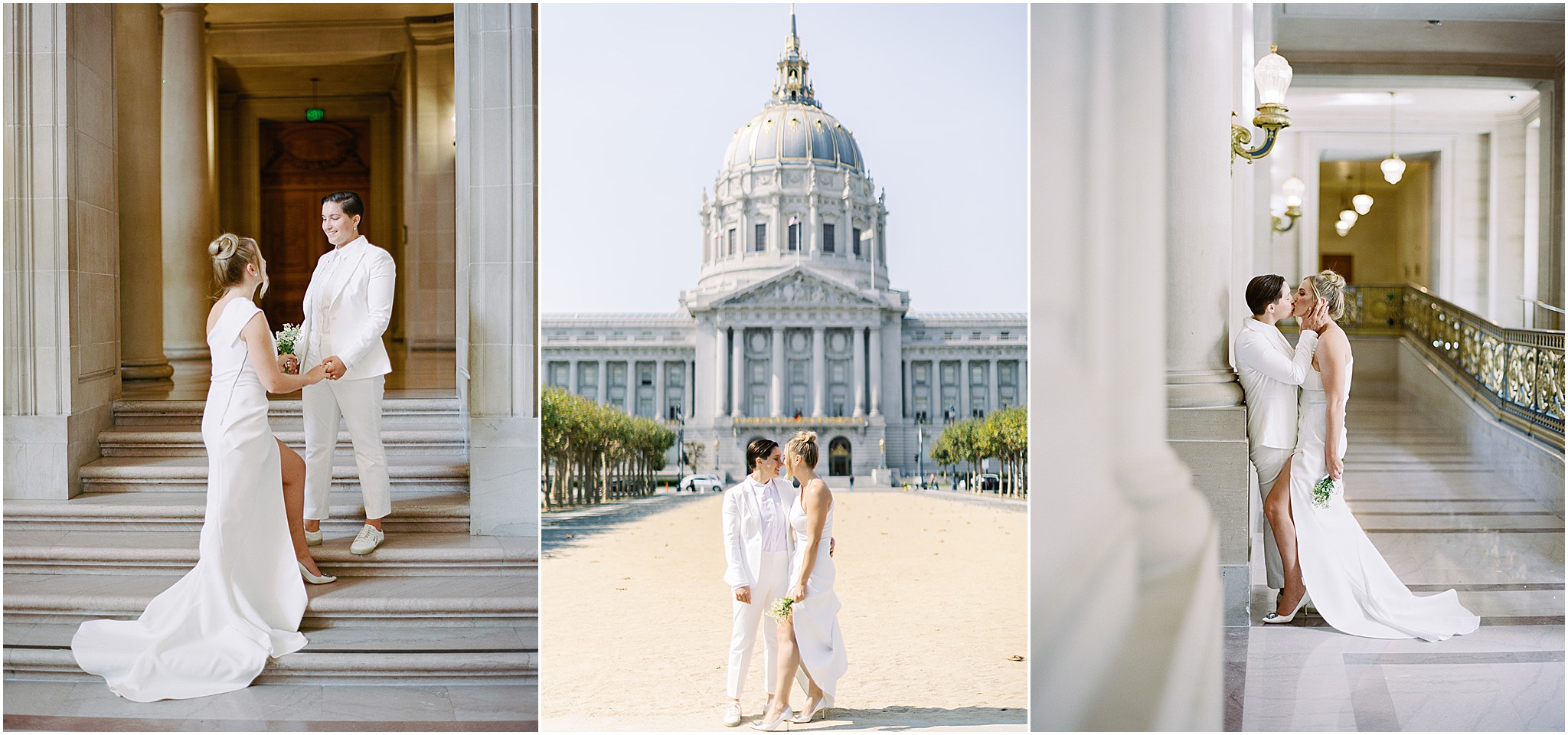 Couple portraits inside and outside San Francisco City Hall on elopement day.