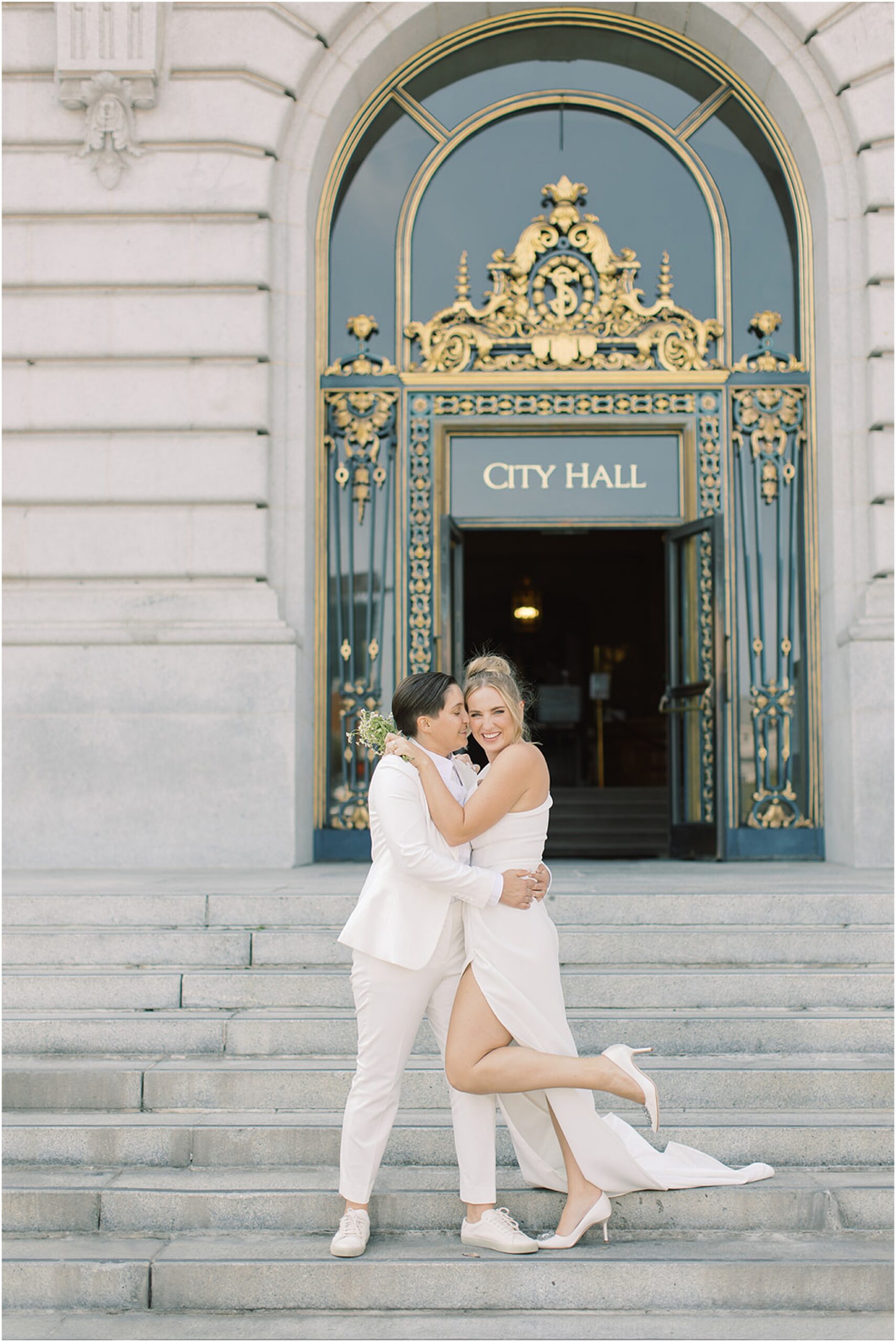Romantic candid portrait of couple outside San Francisco City Hall
