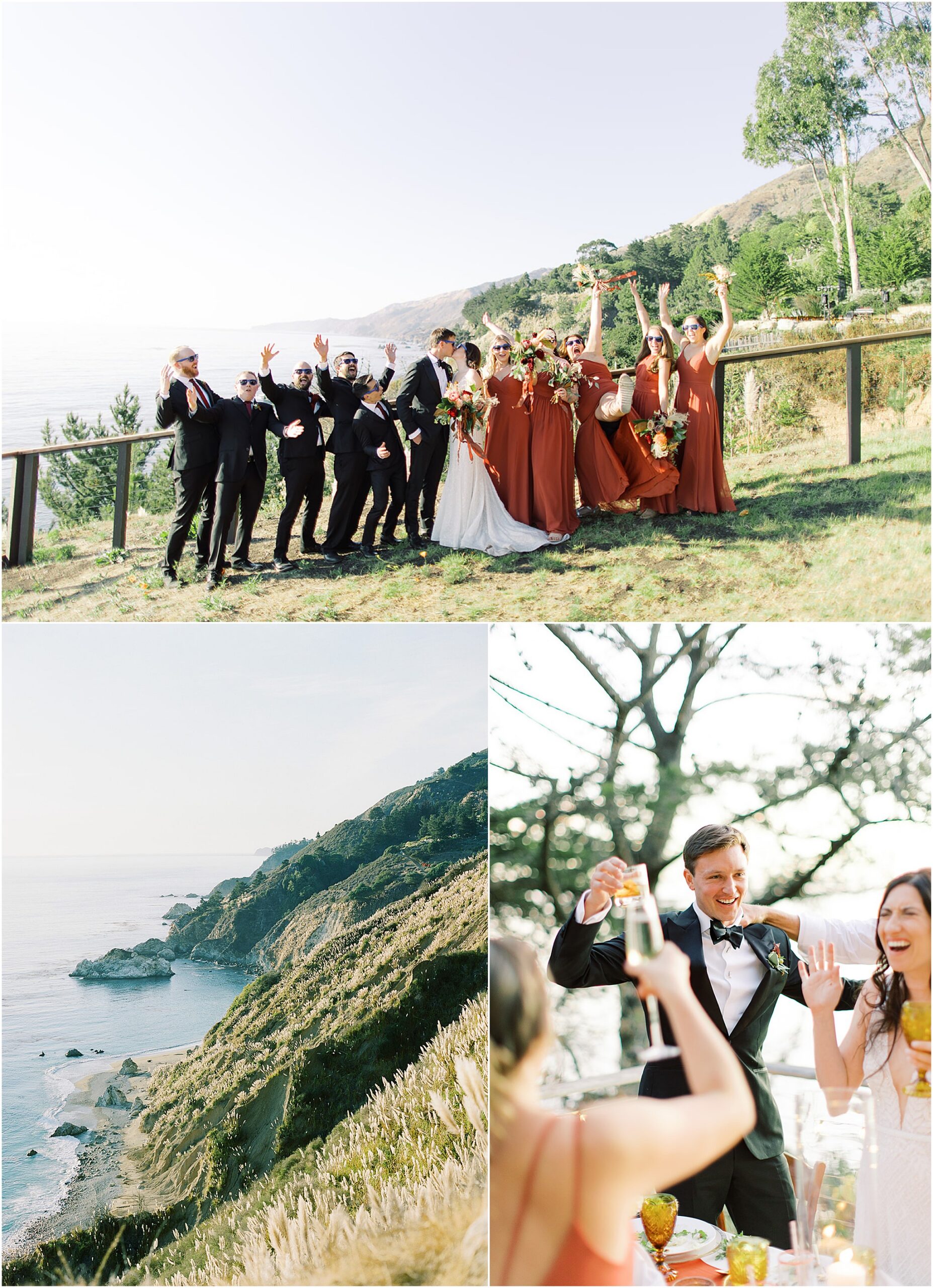 Wedding guests posed for cliffside ceremony in Big Sur