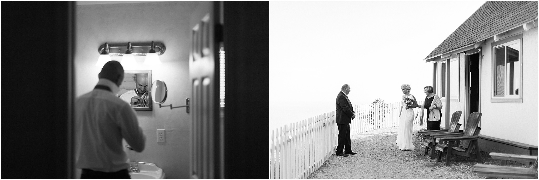 Intimate black and white bridal prep moment with soft lighting as well as a first look with father of the bride.