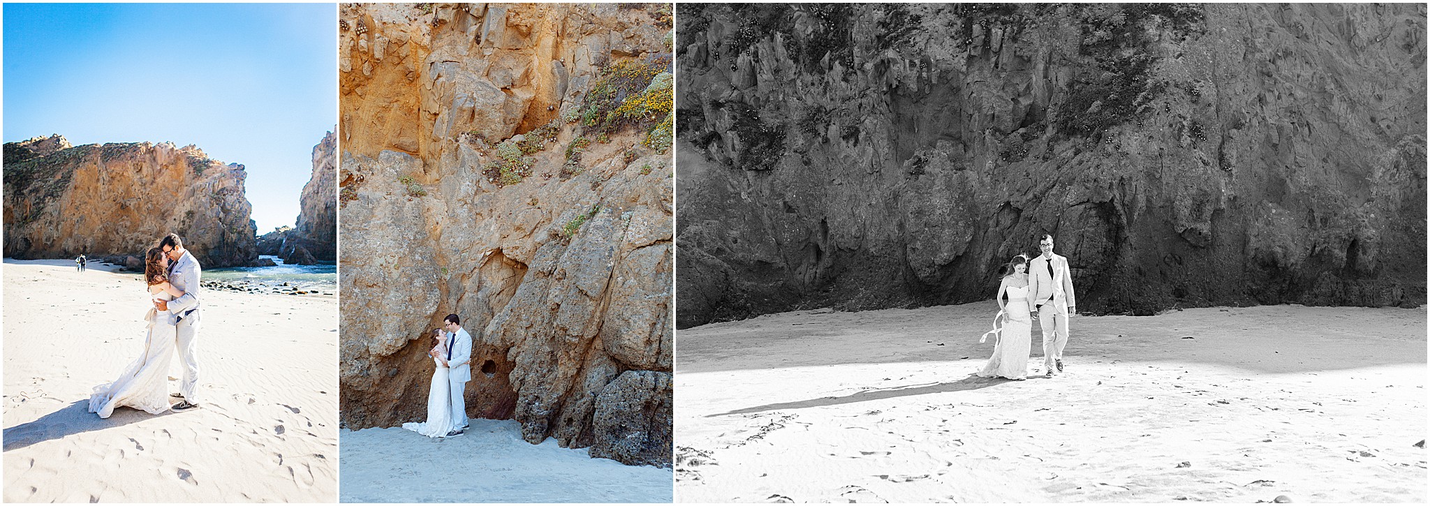 Couple embracing on the beach at Big Sur wedding venue.