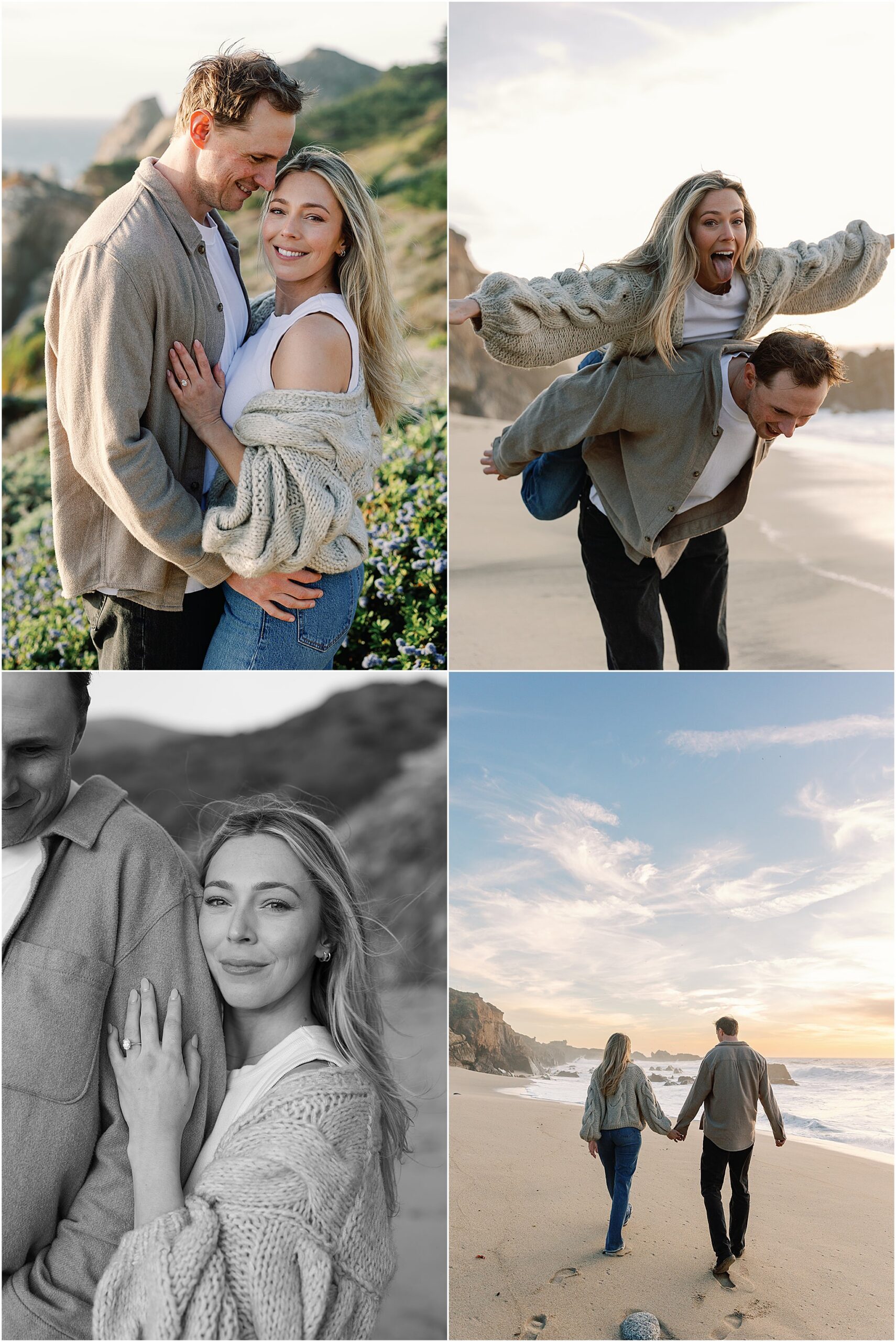 Engaged couple exploring the beach together after a coastal California proposal.