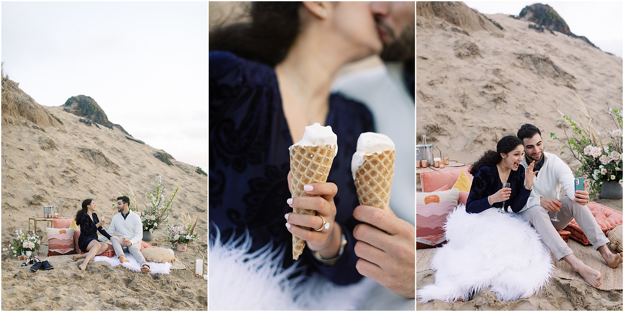 Luxury beach proposal picnic with champagne, flowers, and oceanfront seating.