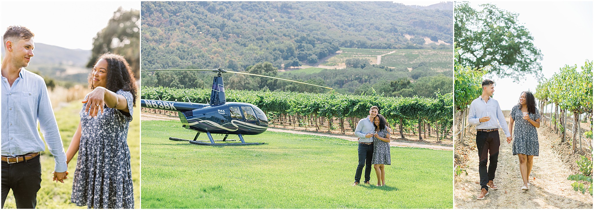 Couple celebrating their engagement in a vineyard with a helicopter and rolling wine country hills in the background.