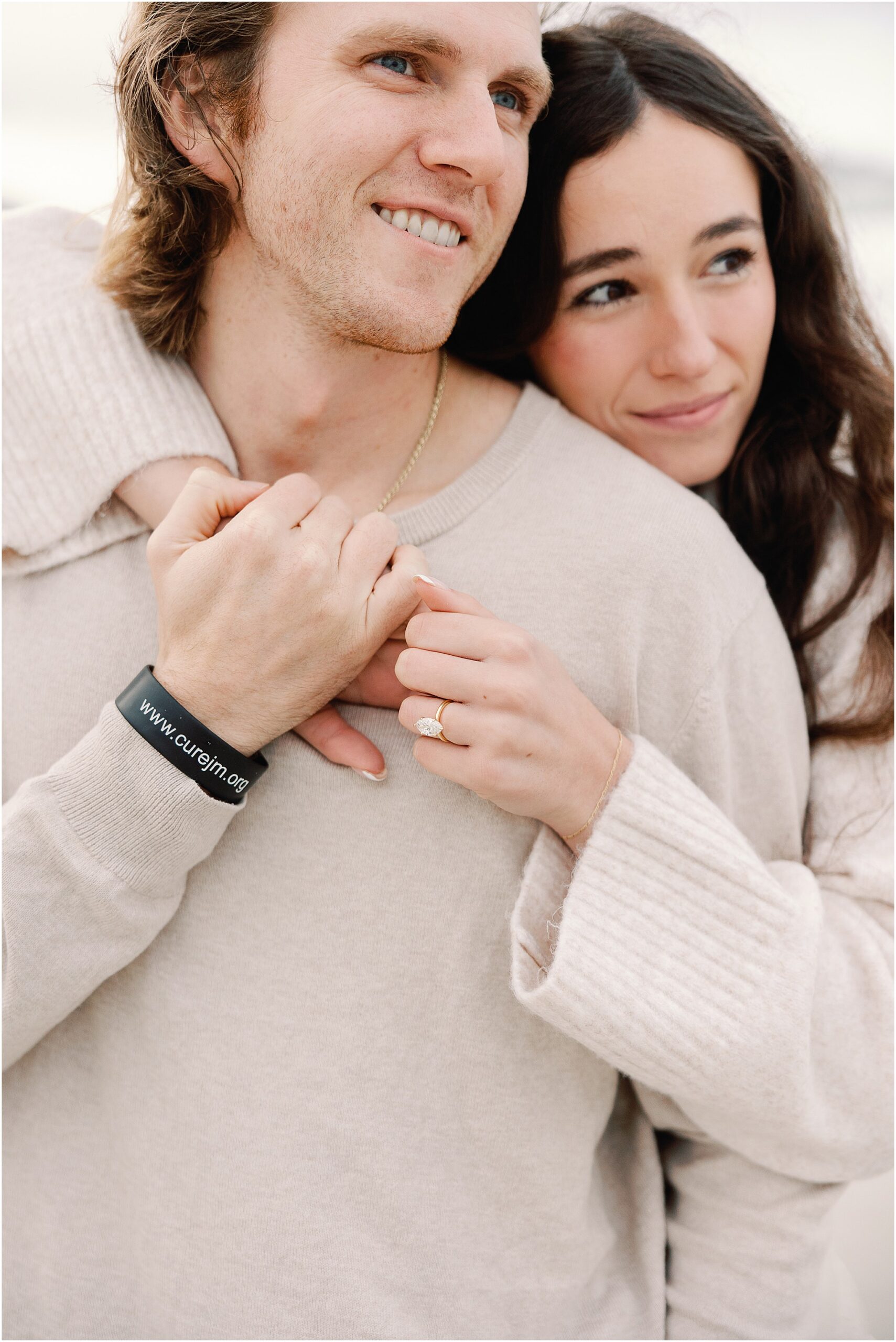 Close up of Alex’s marquise engagement ring after her Carmel proposal