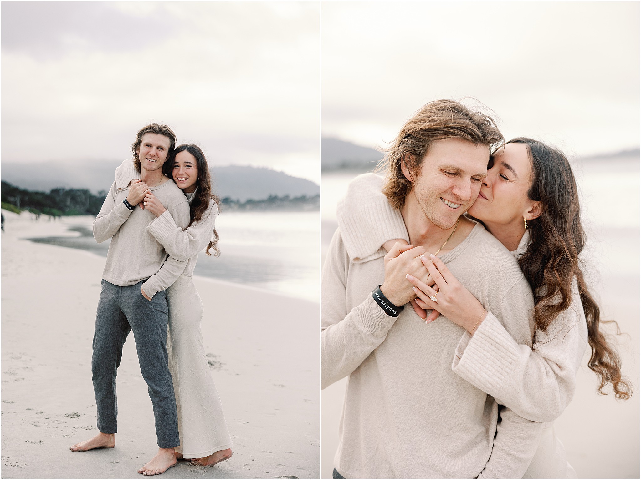 Carmel proposal photographer capturing Alex and Connor celebrating their engagement on the beach