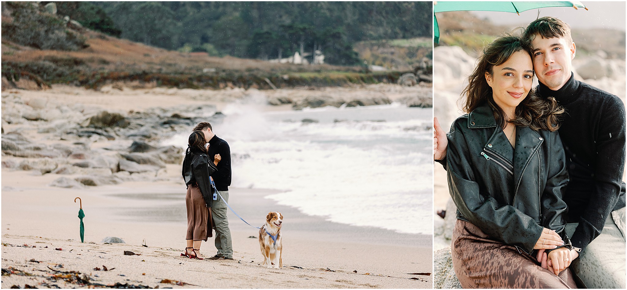Jordan and Ivery sharing a kiss in the rain with Luca during their Pebble Beach proposal