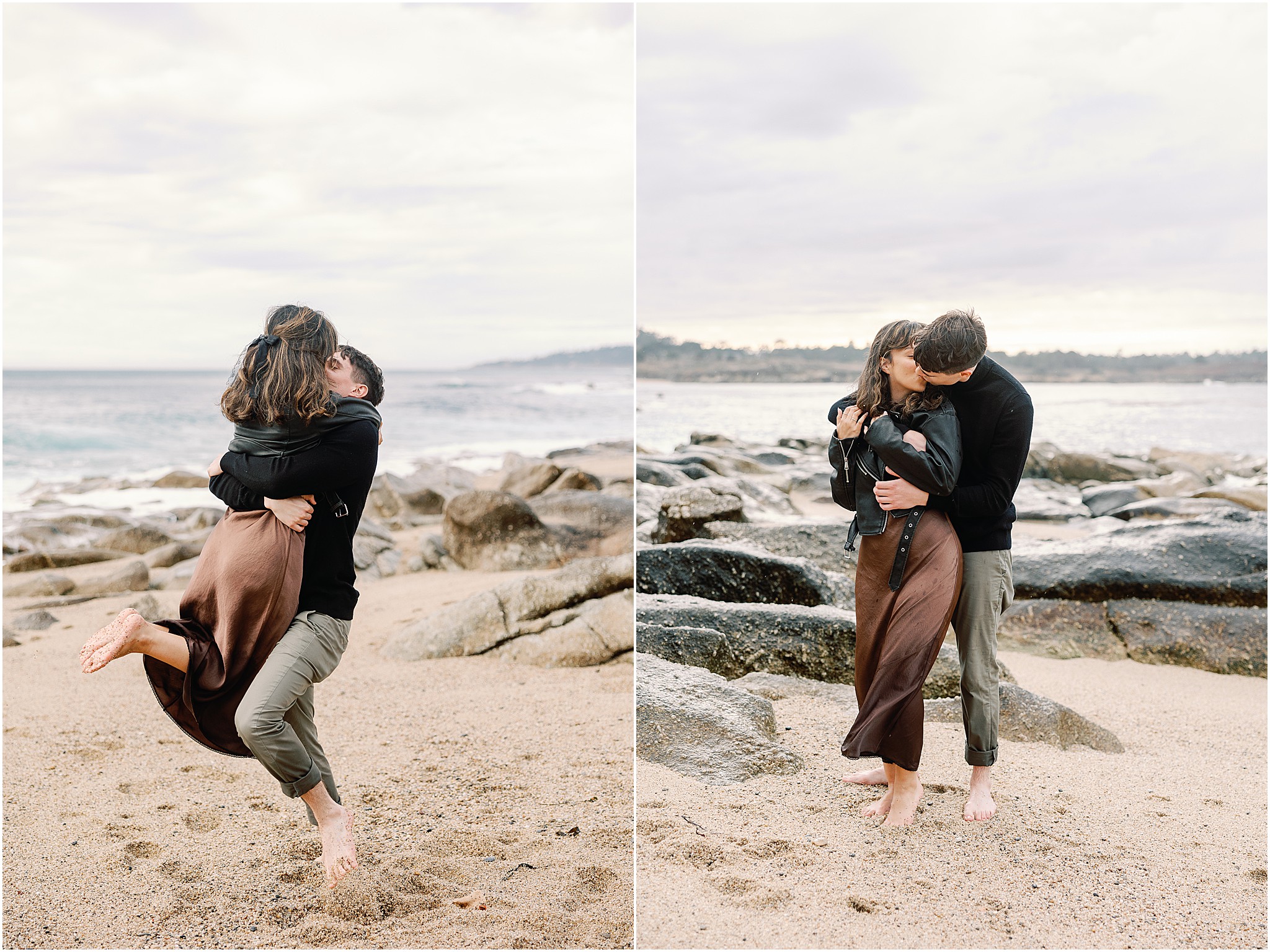 Jordan lifting Ivery and sharing a kiss on the beach after their Pebble Beach engagement