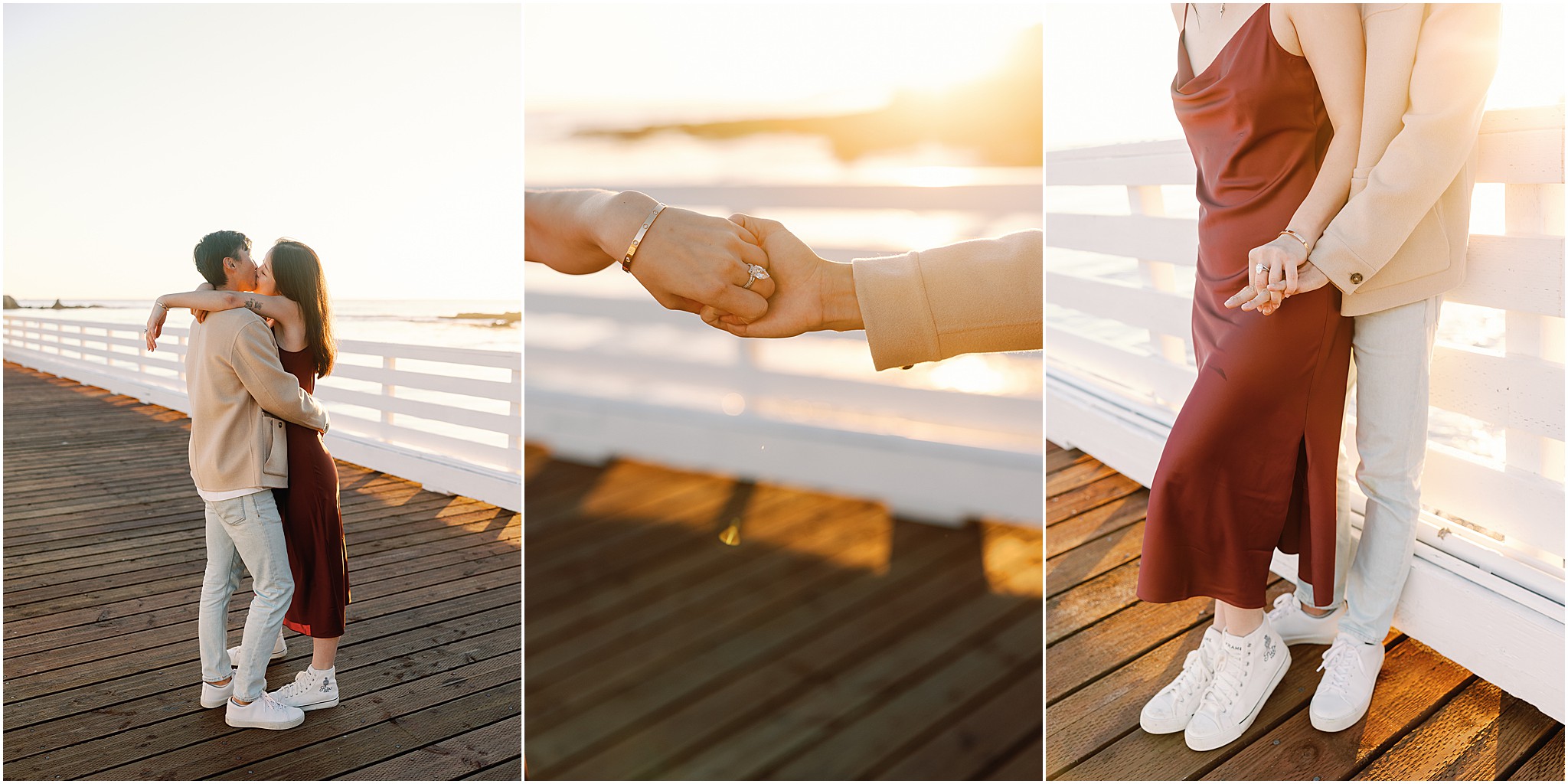 Romantic engagement portraits and pear shaped ring details along the Pebble Beach pier