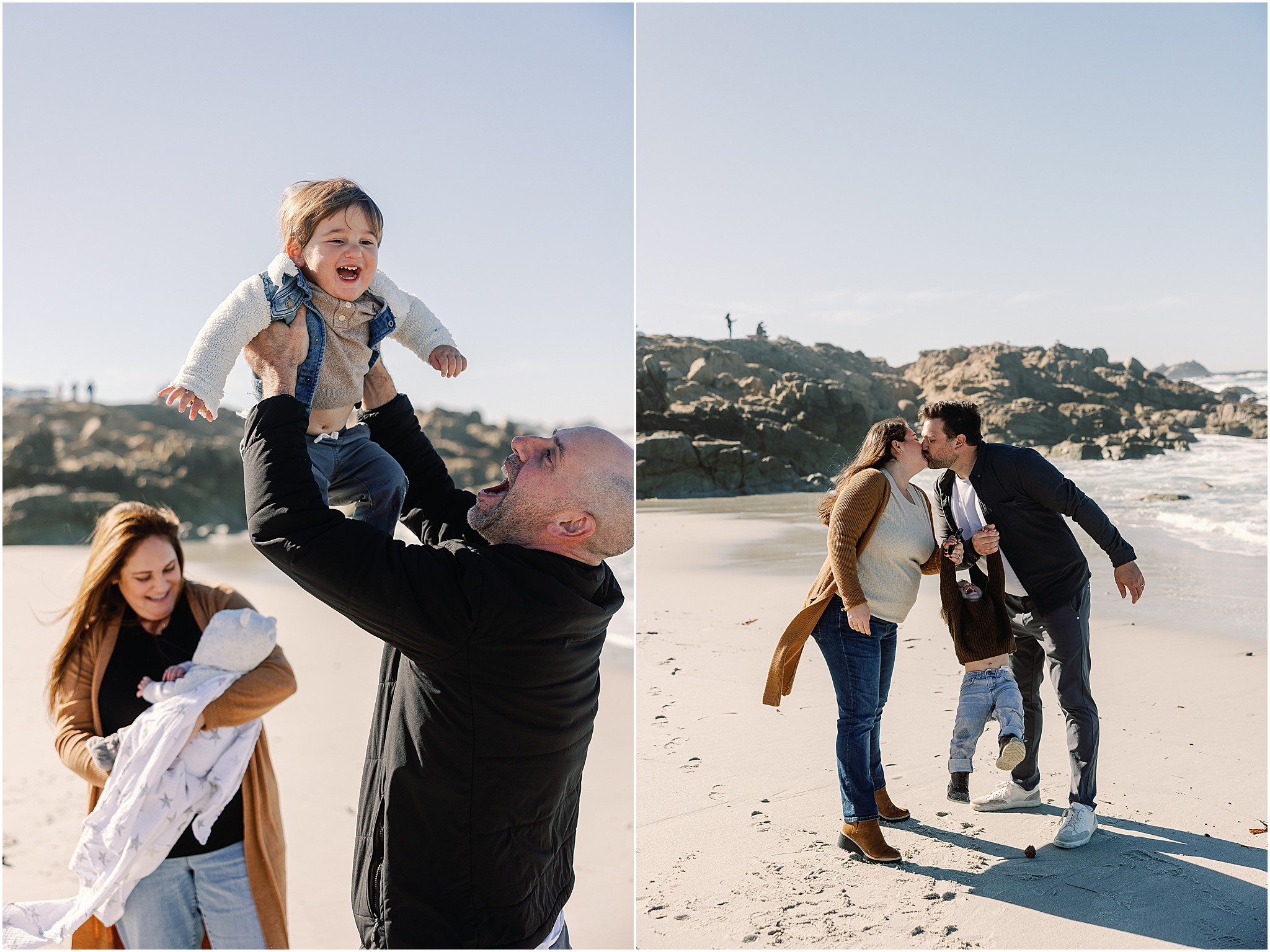Father lifting his young son while the family plays together on the Carmel beach