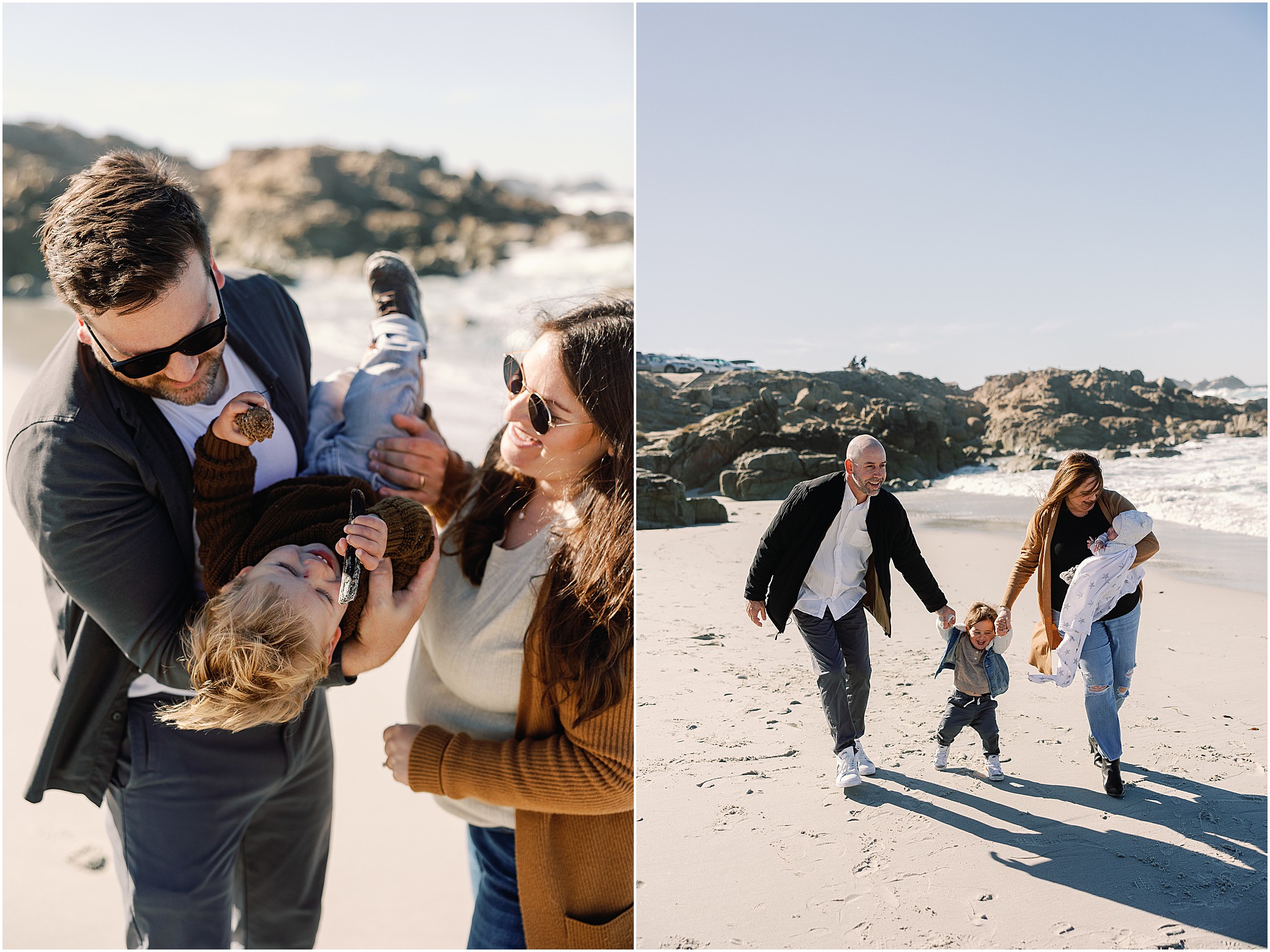 Parents playing with their young son during a coastal family photography session in Carmel