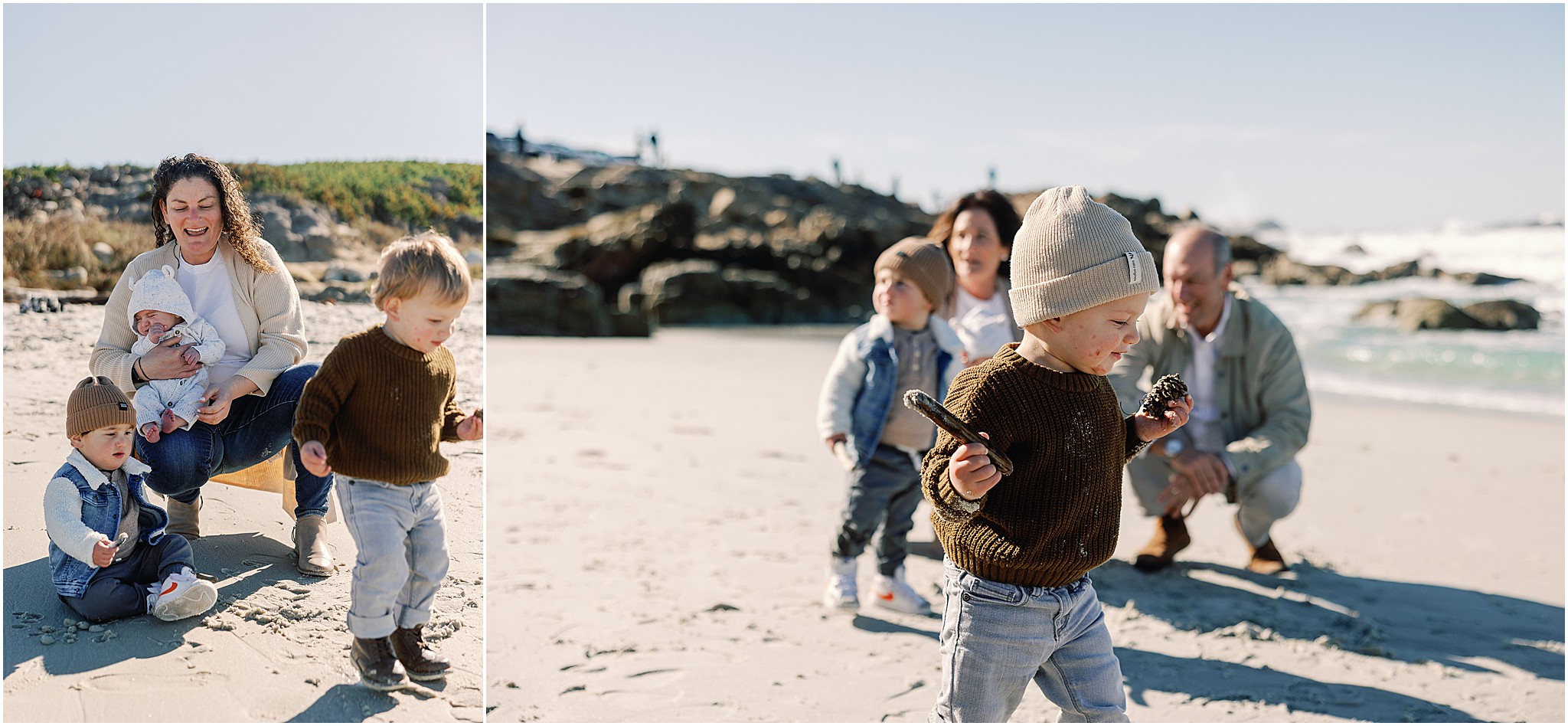 Young cousins playing in the sand with family during their Carmel Coast session