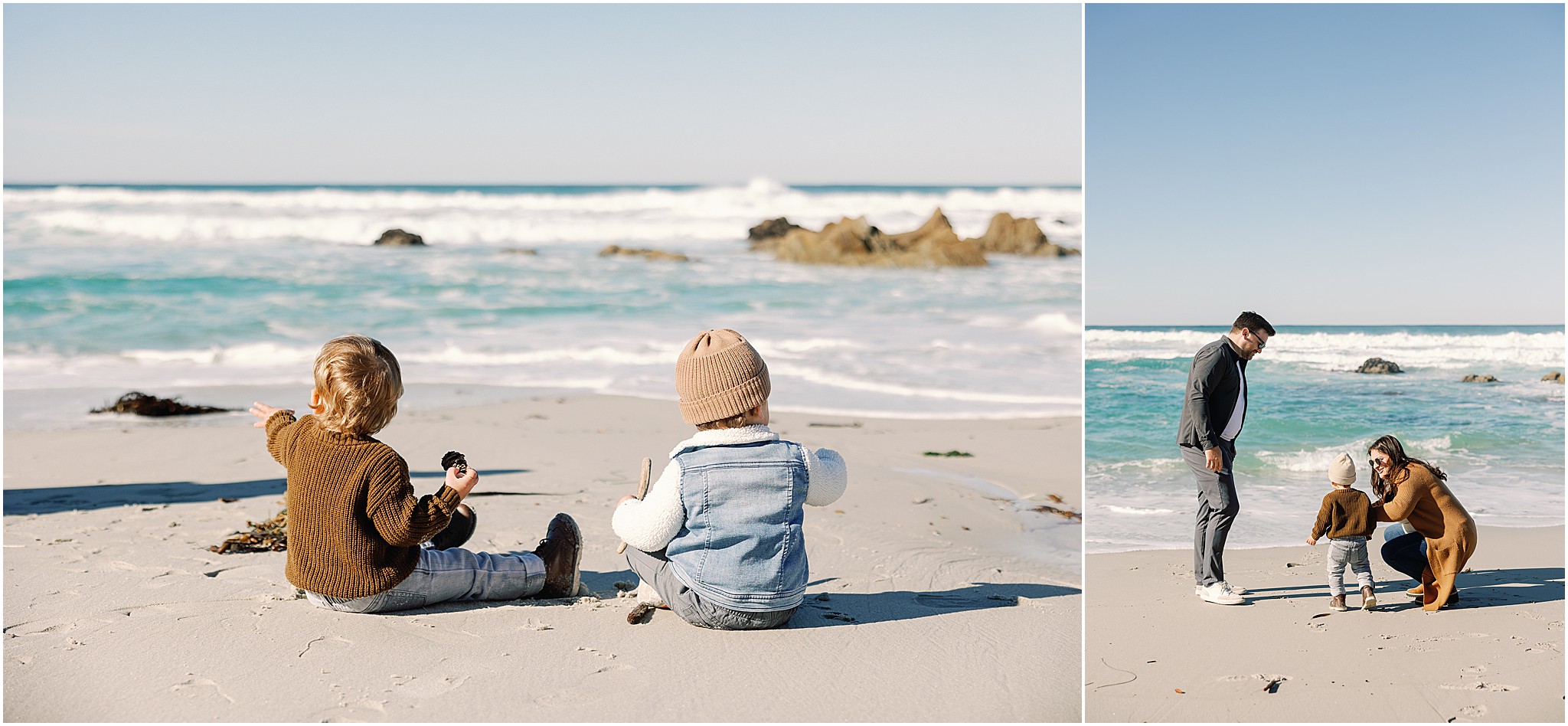 Two young children sitting together in the sand overlooking the Pacific Ocean in Carmel