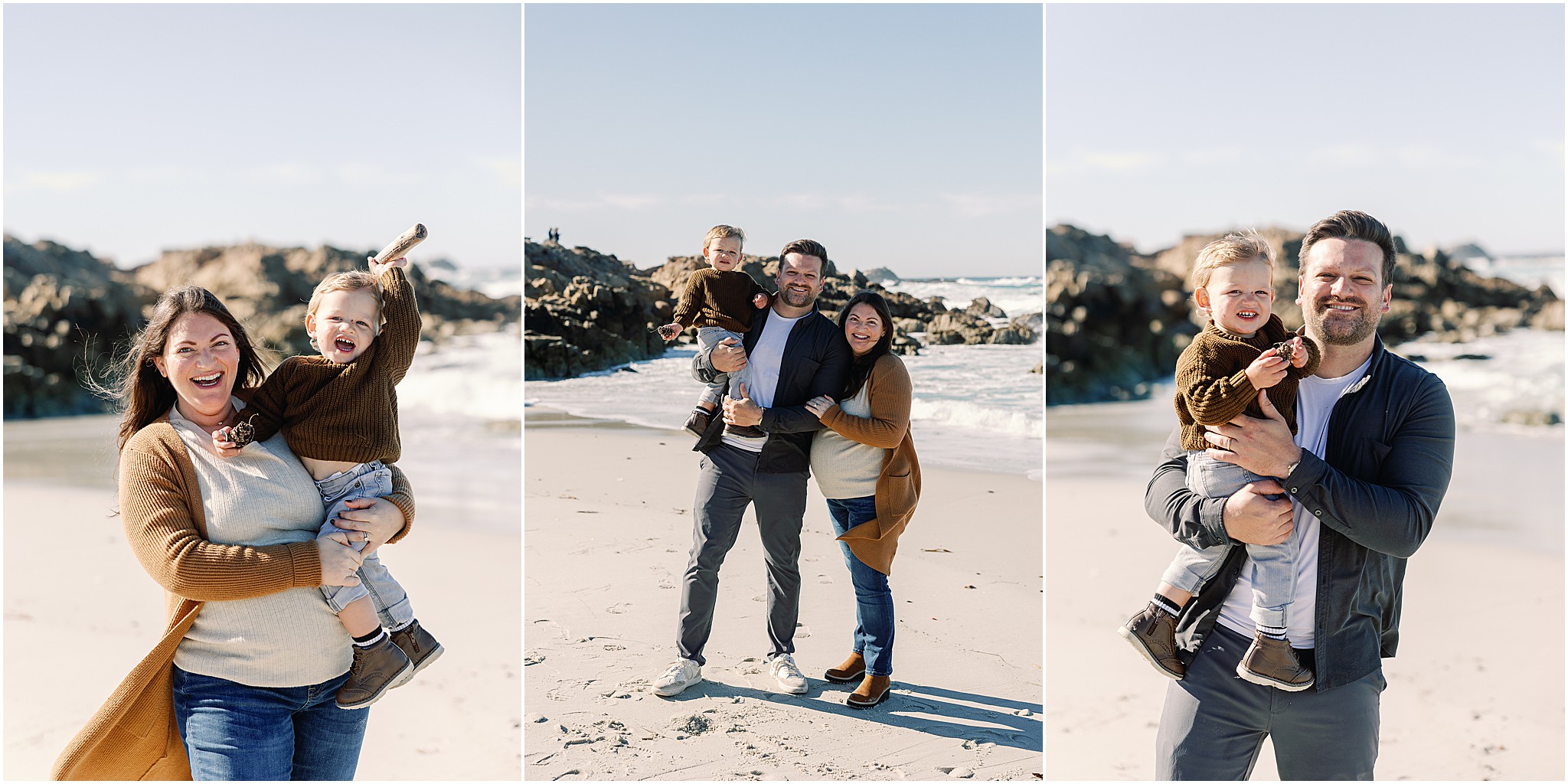 Ostwald family smiling together with the Carmel coastline and Pacific Ocean behind them