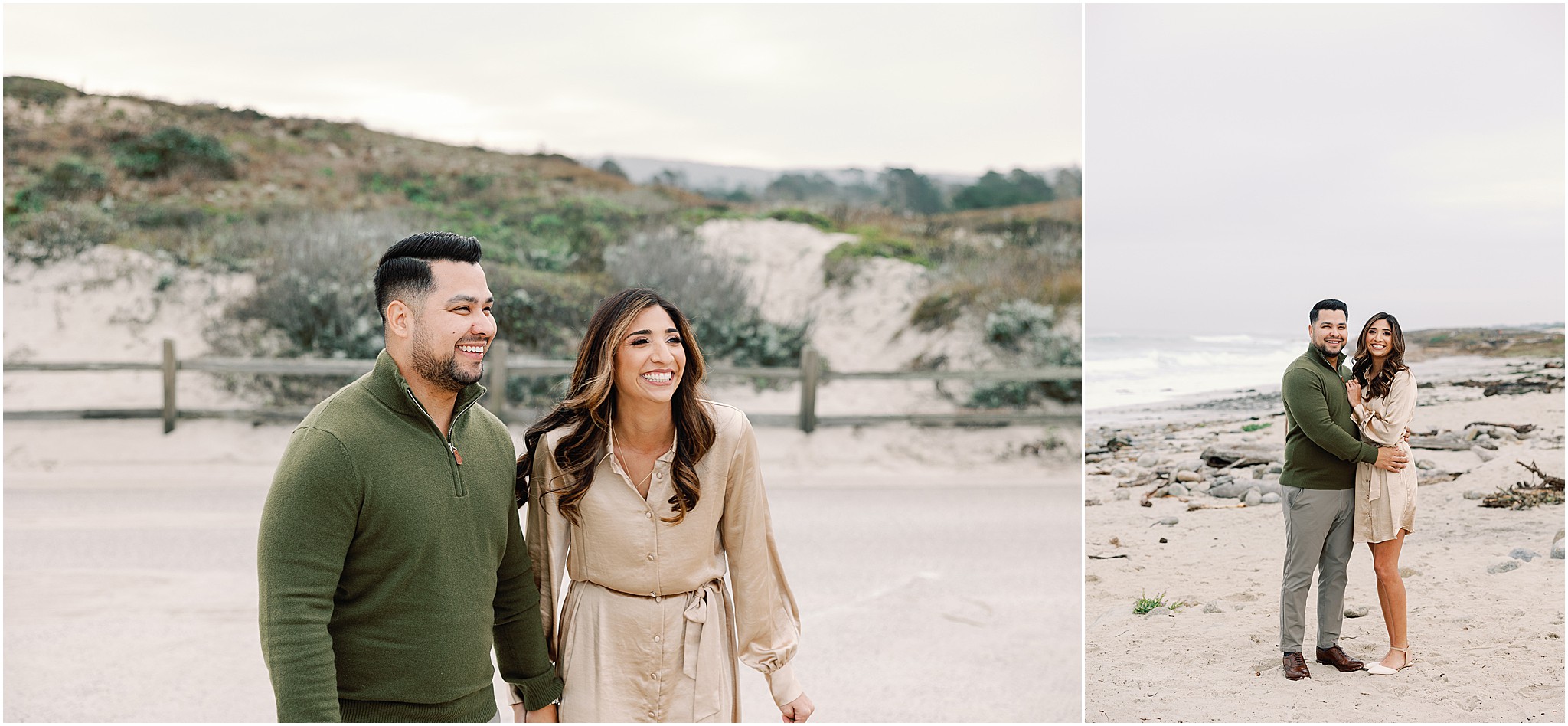 Christine and Carlos laughing and walking hand in hand along the Pebble Beach coast