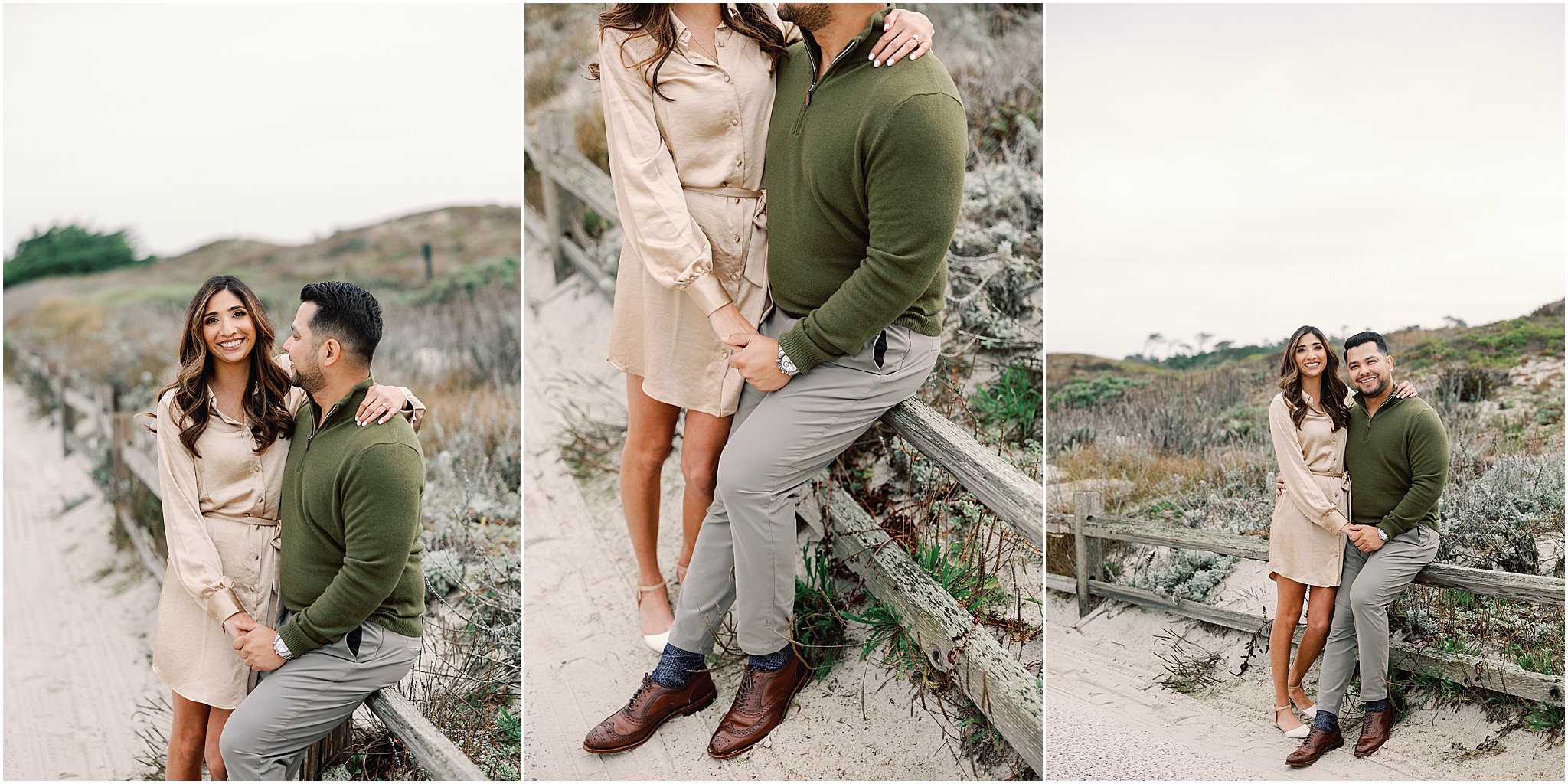 Christine and Carlos posing together along a sandy coastal path surrounded by natural Pebble Beach scenery