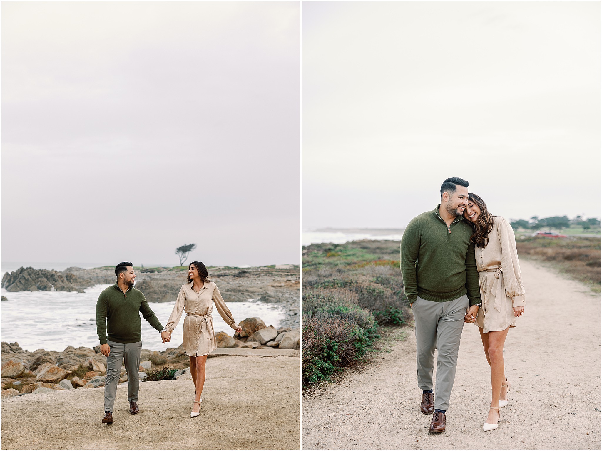 Christine and Carlos walking hand in hand along the rocky coastline during their Pebble Beach couples photography session