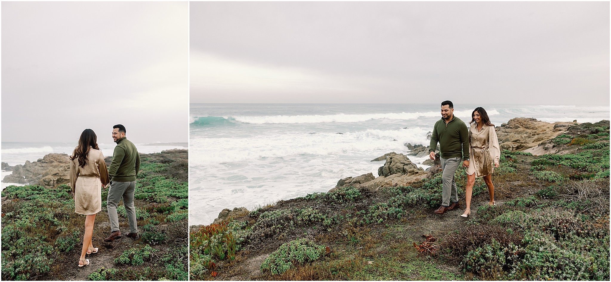 Christine and Carlos walking hand in hand and leaning into each other along the Pebble Beach coast